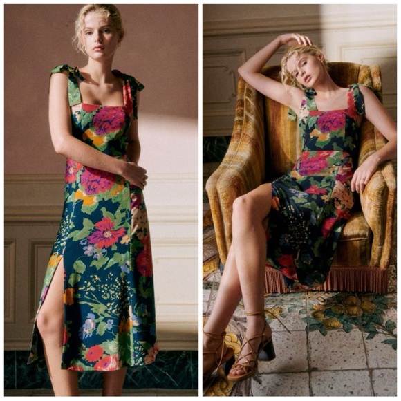 Sezane Dresses & Skirts - Sezane Dorotha Dress Floral Midi Trianon Print Tie Strap Slit Dress Size 6 US